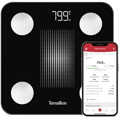 Terraillon – WEIGHT CONNECT – Báscula inteligente Bluetooth, análisis de masas grasas, musculares, hídricas y óseas, IMC, capacidad 180 kg, graduación 50 g, pantalla LED, bandeja de cristal, negro Terraillon – WEIGHT CONNECT – Báscula inteligente Bluetooth, análisis de masas grasas, musculares, hídricas y óseas, IMC, capacidad 180 kg, graduación 50 g, pantalla LED, bandeja de cristal, negro