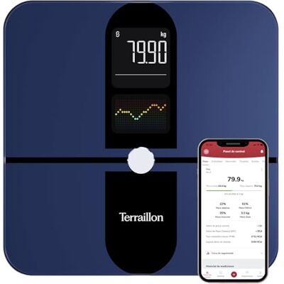 Terraillon – COLOR CONNECT – Báscula conectada Bluetooth, frecuencia cardíaca, masas: grasosa-muscular-hídrico-ósea, IMC, capacidad 180 kg, graduación 50 g, pantalla multipantalla color, azul Terraillon – COLOR CONNECT – Báscula conectada Bluetooth, frecuencia cardíaca, masas: grasosa-muscular-hídrico-ósea, IMC, capacidad 180 kg, graduación 50 g, pantalla multipantalla color, azul
