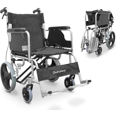 QUIRUMED Silla de ruedas de aluminio para viajes, Asiento 46 cm, Silla de ruedas de tránsito, para traslado, Plegable, Ligera, Cinturón de seguridad, Reposapiés abatibles QUIRUMED Silla de ruedas de aluminio para viajes, Asiento 46 cm, Silla de ruedas de tránsito, para traslado, Plegable, Ligera, Cinturón de seguridad, Reposapiés abatibles