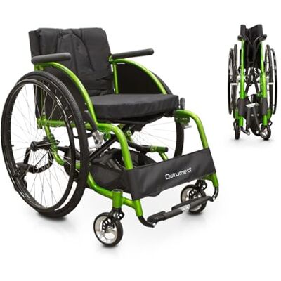 QUIRUMED Silla de ruedas deportiva, Plegable, Aluminio, Asiento acolchado, Cinturón de seguridad, Liberación rápida, Freno manual, Bolsillo portaobjetos, 74 x 57 x 84 cm QUIRUMED Silla de ruedas deportiva, Plegable, Aluminio, Asiento acolchado, Cinturón de seguridad, Liberación rápida, Freno manual, Bolsillo portaobjetos, 74 x 57 x 84 cm