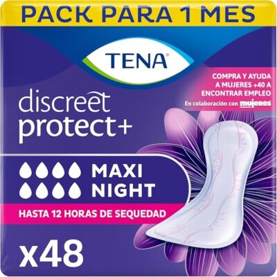 TENA Discreet Protect+ Maxi Night x48: Compresas Nocturnas para Mujeres Máxima Protección y Confort al Acostarse, y Absorción con InstaDRY™ Paquete Mensual de 48 unidades (6x8) TENA Discreet Protect+ Maxi Night x48: Compresas Nocturnas para Mujeres Máxima Protección y Confort al Acostarse, y Absorción con InstaDRY™ Paquete Mensual de 48 unidades (6x8)