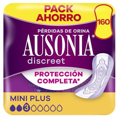 AUSONIA Discreet Compresas Mini Plus, Pack de 160, Para Pérdidas De Orina Para Mujer, Protección Completa*, Discreción Increíble AUSONIA Discreet Compresas Mini Plus, Pack de 160, Para Pérdidas De Orina Para Mujer, Protección Completa*, Discreción Increíble
