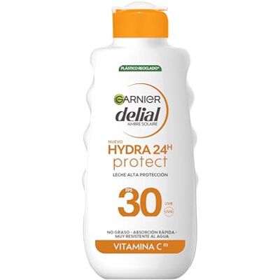 Garnier Delial Adultos Crema Solar Leche Solar Hidratante 24H FPS30, 200ml Textura Ultraligera, Acabado no Graso, Hidratación 24H, Vitamina E, Glicerina, Manteca de Karité, Delial Hydra 24H Garnier Delial Adultos Crema Solar Leche Solar Hidratante 24H FPS30, 200ml Textura Ultraligera, Acabado no Graso, Hidratación 24H, Vitamina E, Glicerina, Manteca de Karité, Delial Hydra 24H