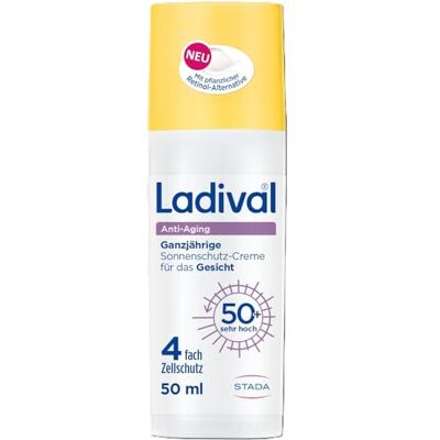 Ladival Crema de protección solar antienvejecimiento para la cara SPF 50+: crema antiarrugas con ácido hialurónico y retinol vegetal alternativa, mejora la elasticidad de la piel, promueve la Ladival Crema de protección solar antienvejecimiento para la cara SPF 50+: crema antiarrugas con ácido hialurónico y retinol vegetal alternativa, mejora la elasticidad de la piel, promueve la