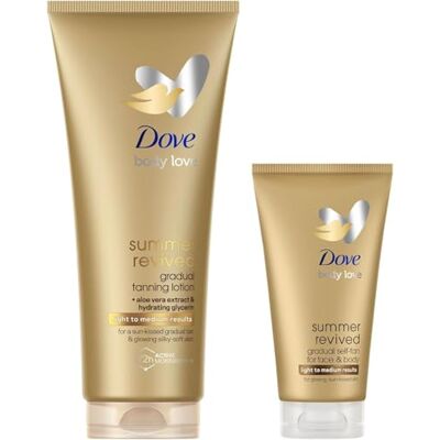 Dove Kit de Lociones Autobronceadoras Summer Revived, Para Rostro y Cuerpo, Pieles Claras y Medias, Bronceado Gradual y Luminoso, 72H de Hidratación, Con Aloe Vera, 1x 200ml + 1x 75ml Dove Kit de Lociones Autobronceadoras Summer Revived, Para Rostro y Cuerpo, Pieles Claras y Medias, Bronceado Gradual y Luminoso, 72H de Hidratación, Con Aloe Vera, 1x 200ml + 1x 75ml