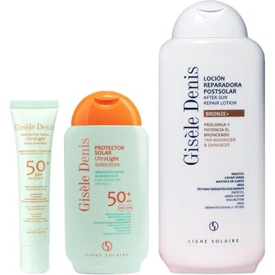 GISELE DENIS GISÈLE DENIS Pack Solar Ultralight, Protector Solar Facial Ultralight SPF50+ 40 ml + Protector Solar Ultralight SPF50+ 200 ml + Aftersun Bronze+ 400 ml, Crema Solar y Loción Reparadora Postsolar GISELE DENIS GISÈLE DENIS Pack Solar Ultralight, Protector Solar Facial Ultralight SPF50+ 40 ml + Protector Solar Ultralight SPF50+ 200 ml + Aftersun Bronze+ 400 ml, Crema Solar y Loción Reparadora Postsolar