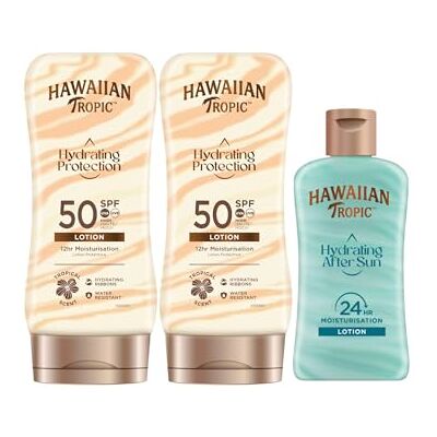 HAWAIIAN Tropic Hydrating Protection SPF 50 Loción Solar Protectora con Cintas de Seda Hidratantes, Crema, 180 ml (Paquete de 2) + Loción After Sun Hydrating Protection Formato Viaje 60 ml HAWAIIAN Tropic Hydrating Protection SPF 50 Loción Solar Protectora con Cintas de Seda Hidratantes, Crema, 180 ml (Paquete de 2) + Loción After Sun Hydrating Protection Formato Viaje 60 ml