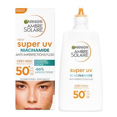 Garnier Protector solar UV para pieles propensas a la contaminación, protección solar ultra alta, FPS 50+, acabado invisible, Ambre Solaire Super UV Niacinamide Daily Fluid, 1 x 40 ml Garnier Protector solar UV para pieles propensas a la contaminación, protección solar ultra alta, FPS 50+, acabado invisible, Ambre Solaire Super UV Niacinamide Daily Fluid, 1 x 40 ml