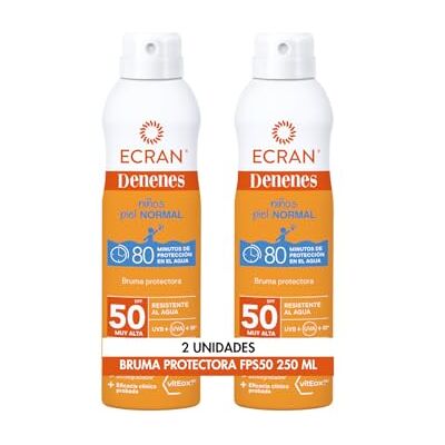 Ecran Denenes Bruma Protectora FPS 50 para Niños, 80 Minutos de Protección UVB + UVA e IR-A, Con Extracto de Algodón, Pantenol y Vitamina E, Fórmula con VitEox 80, Todo Tipo de Pieles- 2 x 250 ml Ecran Denenes Bruma Protectora FPS 50 para Niños, 80 Minutos de Protección UVB + UVA e IR-A, Con Extracto de Algodón, Pantenol y Vitamina E, Fórmula con VitEox 80, Todo Tipo de Pieles- 2 x 250 ml