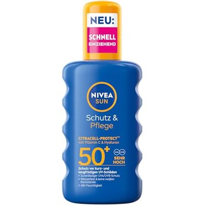 Beiersdorf NIVEA SUN Protección y cuidado en spray solar SPF 50+, resistente al agua, con vitamina C y hialurón, protección solar de absorción rápida para 48 horas de humedad (200 ml) Beiersdorf NIVEA SUN Protección y cuidado en spray solar SPF 50+, resistente al agua, con vitamina C y hialurón, protección solar de absorción rápida para 48 horas de humedad (200 ml)