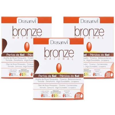 Drasanvi BRONZE Acelerador de bronceado Betacarotenos Protege la Piel de Rayos UVA y Previene el Envejecimiento Rosa Mosqueta, Tomate, Zanahoria y Alga Dunaliella, Vit. E, Licopeno, Luteína 3 x 30 dias Drasanvi BRONZE Acelerador de bronceado Betacarotenos Protege la Piel de Rayos UVA y Previene el Envejecimiento Rosa Mosqueta, Tomate, Zanahoria y Alga Dunaliella, Vit. E, Licopeno, Luteína 3 x 30 dias
