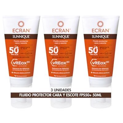Ecran Sunnique Fluido Protector Solar FPS 50+ para Cara y Escote, Protección UVB + UVA e IR-A, Refuerza las Defensas, Protege la Piel, Hidratación 24 h, Fórmula con VitEox 80 Pack de 3 x 50 ml Ecran Sunnique Fluido Protector Solar FPS 50+ para Cara y Escote, Protección UVB + UVA e IR-A, Refuerza las Defensas, Protege la Piel, Hidratación 24 h, Fórmula con VitEox 80 Pack de 3 x 50 ml