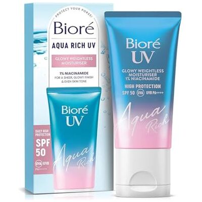Bioré UV Aqua Rich Glowy Moisturizer SPF50 Hidratante Facial con Protección Solar UVA/UVB y 1% Niacinamida Acabado Luminoso y Textura Ligera No Comedogénico 50 ml Bioré UV Aqua Rich Glowy Moisturizer SPF50 Hidratante Facial con Protección Solar UVA/UVB y 1% Niacinamida Acabado Luminoso y Textura Ligera No Comedogénico 50 ml