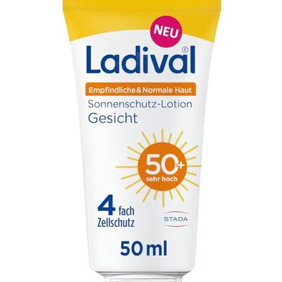 Ladival Crema solar para la piel sensible y normal SPF 50 cara, loción 50 Con ácido hialurónico y fotoliasa, protección celular de 4 capas, resistente al agua, no comedogénica Ladival Crema solar para la piel sensible y normal SPF 50 cara, loción 50 Con ácido hialurónico y fotoliasa, protección celular de 4 capas, resistente al agua, no comedogénica