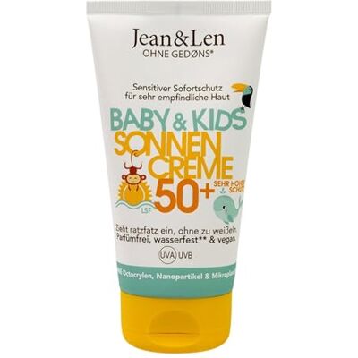 Jean & Len Sensitiv crema solar Baby & Kids SPF 50+, sin perfume, resistente al agua, para piel infantil sensible desde los 6 meses, sin octocrileno, vegano, solar infantil, 100 ml Jean & Len Sensitiv crema solar Baby & Kids SPF 50+, sin perfume, resistente al agua, para piel infantil sensible desde los 6 meses, sin octocrileno, vegano, solar infantil, 100 ml