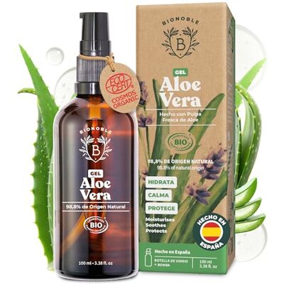 BIONOBLE Aloe Vera Puro Gel Orgánico 97% con Aceite Esencial de Lavanda Gel Aloe Vera 100 Puro Pulpa Fresca Hidrata, Calma Cara, Cuerpo, After Sun y Depilación Botella de Vidrio, Bomba 100ml BIONOBLE Aloe Vera Puro Gel Orgánico 97% con Aceite Esencial de Lavanda Gel Aloe Vera 100 Puro Pulpa Fresca Hidrata, Calma Cara, Cuerpo, After Sun y Depilación Botella de Vidrio, Bomba 100ml