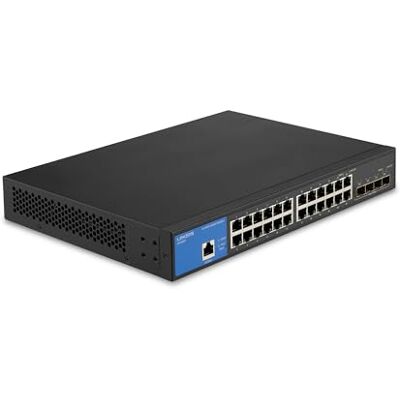 Linksys LGS328C-EU switch de red administrado Gigabit de 24 puertos con 4 ranuras SFP+ 10G de subida, concentrador/divisor Ethernet inteligente con carcasa metálica y montaje de sobremesa/pared Linksys LGS328C-EU switch de red administrado Gigabit de 24 puertos con 4 ranuras SFP+ 10G de subida, concentrador/divisor Ethernet inteligente con carcasa metálica y montaje de sobremesa/pared