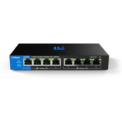 Linksys Switch PoE++ multigigabit no administrado de 8 Puertos y 2,5 G Ethernet bajo Consumo Control dúplex Completo para WiFi 6/6E/7 y cámaras IP Carcasa metálica Presupuesto PoE de 180 W Linksys Switch PoE++ multigigabit no administrado de 8 Puertos y 2,5 G Ethernet bajo Consumo Control dúplex Completo para WiFi 6/6E/7 y cámaras IP Carcasa metálica Presupuesto PoE de 180 W