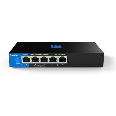 Linksys Switch Gigabit PoE+ no gestionado de 5 puertos Ethernet energéticamente eficiente Control de flujo full dúplex Ideal para oficinas pequeñas y domésticas Diseño sin ventilador y carcasa Linksys Switch Gigabit PoE+ no gestionado de 5 puertos Ethernet energéticamente eficiente Control de flujo full dúplex Ideal para oficinas pequeñas y domésticas Diseño sin ventilador y carcasa