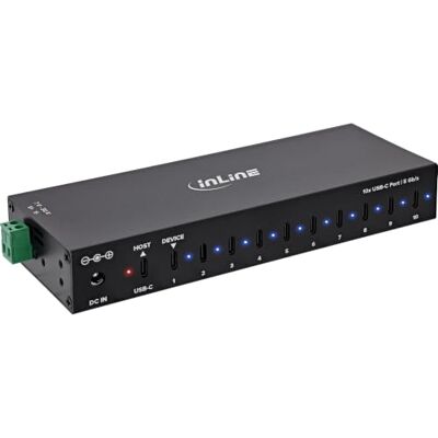 InLine Hub Industrial USB-C de 10 Puertos, USB 3.2 Gen.1, 5 GB/s, Fuente de 12-24 V CC, riel DIN y montaje en pared, carcasa de aluminio, protección ESD, Plug & Play InLine Hub Industrial USB-C de 10 Puertos, USB 3.2 Gen.1, 5 GB/s, Fuente de 12-24 V CC, riel DIN y montaje en pared, carcasa de aluminio, protección ESD, Plug & Play