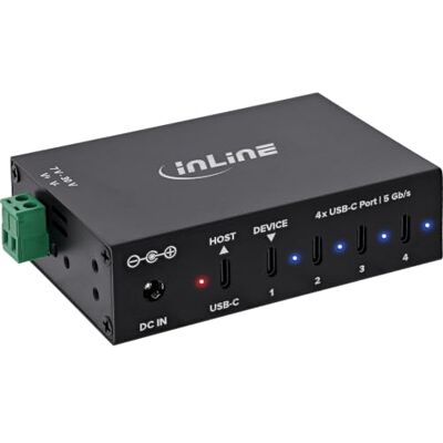 InLine Hub Industrial USB-C de 4 Puertos, USB 3.2 Gen.1, 5 GB/s, con Fuente 12-24 V CC, riel DIN y montaje en pared, carcasa de aluminio, función de carga BC1.2, mecanismos de protección InLine Hub Industrial USB-C de 4 Puertos, USB 3.2 Gen.1, 5 GB/s, con Fuente 12-24 V CC, riel DIN y montaje en pared, carcasa de aluminio, función de carga BC1.2, mecanismos de protección