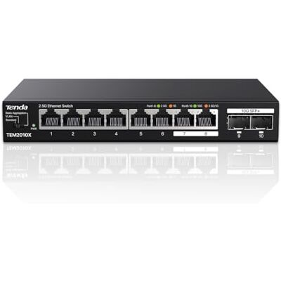 Tenda TEM2010X Switch de Alta Velocidad de 8 Puertos 2.5G, 2 Puertos 10G, Plug and Play, no Requiere Configuración, Protección contra Rayos de 6KV, Escritorio o Montaje en Pared, silencioso (TEM2010X) Tenda TEM2010X Switch de Alta Velocidad de 8 Puertos 2.5G, 2 Puertos 10G, Plug and Play, no Requiere Configuración, Protección contra Rayos de 6KV, Escritorio o Montaje en Pared, silencioso (TEM2010X)