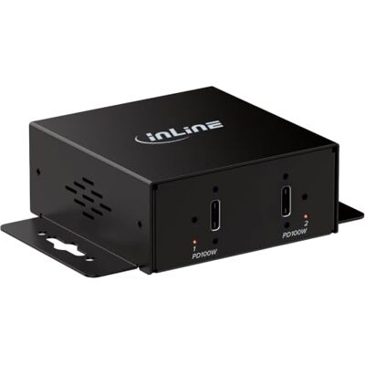 InLine Cargador Industrial USB-C de 2 Puertos, PD 200 W, 12-24 V CC 2 x USB-C de hasta 100 W cada uno, PPS, conector hueco CC y bloque terminal, carcasa metálica, función de carga pura InLine Cargador Industrial USB-C de 2 Puertos, PD 200 W, 12-24 V CC 2 x USB-C de hasta 100 W cada uno, PPS, conector hueco CC y bloque terminal, carcasa metálica, función de carga pura