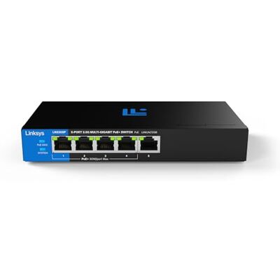 Linksys Switch PoE+ multigigabit no administrado de 5 Puertos y 2,5 G Ethernet bajo Consumo Control dúplex Completo Oficinas pequeñas y domésticas Sin Ventilador y metálico PoE+ de 60 W Linksys Switch PoE+ multigigabit no administrado de 5 Puertos y 2,5 G Ethernet bajo Consumo Control dúplex Completo Oficinas pequeñas y domésticas Sin Ventilador y metálico PoE+ de 60 W