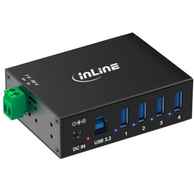 InLine Hub Industrial USB 3.2 Gen.1 con 4 Puertos, Carcasa de Aluminio, Montaje en Carril DIN, concentrador USB Activo con Fuente de alimentación, 5 GB/s, 35396A InLine Hub Industrial USB 3.2 Gen.1 con 4 Puertos, Carcasa de Aluminio, Montaje en Carril DIN, concentrador USB Activo con Fuente de alimentación, 5 GB/s, 35396A