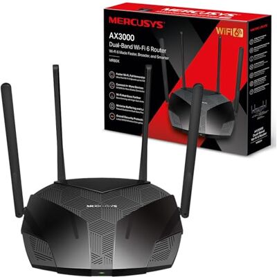 MERCUSYS AX3000 Router Wi-FI 6 Doble Banda, Velocidad Wi-FI hasta 2402 Mbps (5 GHz) + 574 Mbps (2,4 GHz), Canal 160 MHz, 3 Puertos Gigabit LAN, Ideal para Juegos de Xbox/PS4/Steam y 4K (MR80X) MERCUSYS AX3000 Router Wi-FI 6 Doble Banda, Velocidad Wi-FI hasta 2402 Mbps (5 GHz) + 574 Mbps (2,4 GHz), Canal 160 MHz, 3 Puertos Gigabit LAN, Ideal para Juegos de Xbox/PS4/Steam y 4K (MR80X)