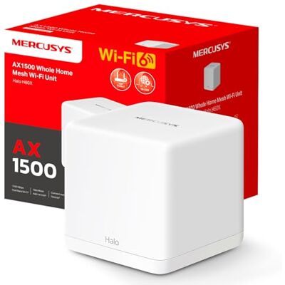 MERCUSYS Mesh WiFi Router 6 AX1500Mbps, 3 Gigabit WAN/LAN Ports, Parental Control, WiFi Mesh Router and Ap, Connects up to 100 Devices, Coverage up to 230 m², Halo H60X (1 Pack) MERCUSYS Mesh WiFi Router 6 AX1500Mbps, 3 Gigabit WAN/LAN Ports, Parental Control, WiFi Mesh Router and Ap, Connects up to 100 Devices, Coverage up to 230 m², Halo H60X (1 Pack)