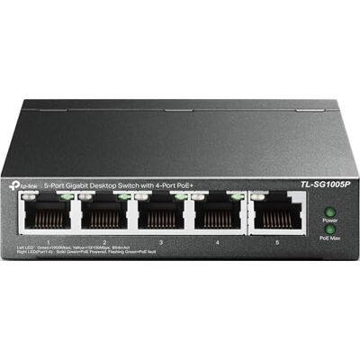 TP-Link Interruptor PoE Gigabit de 5 Puertos 4 Puertos PoE 56W Puertos Blindados compatibles con 802.3af Optimización del tráfico Plug and Play Metal Resistente (TL-SG1005P) TP-Link Interruptor PoE Gigabit de 5 Puertos 4 Puertos PoE 56W Puertos Blindados compatibles con 802.3af Optimización del tráfico Plug and Play Metal Resistente (TL-SG1005P)