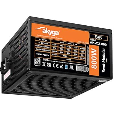 AKYGA ATX Fuente de alimentación (800 W, AK-C2-800, semimodular, P4+4, 2 PCI-E de 6 + 2 Pines, 6 Unidades, SATA, 3 Ventiladores Molex, 12 cm, 80 Plus) AKYGA ATX Fuente de alimentación (800 W, AK-C2-800, semimodular, P4+4, 2 PCI-E de 6 + 2 Pines, 6 Unidades, SATA, 3 Ventiladores Molex, 12 cm, 80 Plus)