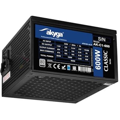 AKYGA ATX Fuente de alimentación (600 W, AK-C1-600, P4+4, 2 PCI-E de 6 + 2 Pines, 5 Unidades, SATA, 3X, Ventilador de APFC, 12 cm, 80 Plus) AKYGA ATX Fuente de alimentación (600 W, AK-C1-600, P4+4, 2 PCI-E de 6 + 2 Pines, 5 Unidades, SATA, 3X, Ventilador de APFC, 12 cm, 80 Plus)