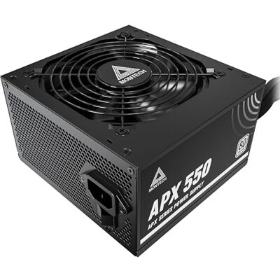 Montech APX 550W Fuente de alimentación no modular, 80 Plus, tecnología de convertidor Intel ATX12V-CC a CC, diseño de cable plano para mejorar la eficiencia térmica, ventilador de 120 mm, garantía de Montech APX 550W Fuente de alimentación no modular, 80 Plus, tecnología de convertidor Intel ATX12V-CC a CC, diseño de cable plano para mejorar la eficiencia térmica, ventilador de 120 mm, garantía de