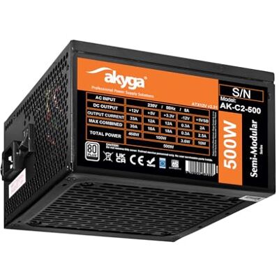 AKYGA ATX Fuente de alimentación (500 W, AK-C2-500, semimodular, P4+4, 2 PCI-E de 6 + 2 Pines, 4 SATA, 2 Ventiladores Molex, 12 cm, 80 Plus) AKYGA ATX Fuente de alimentación (500 W, AK-C2-500, semimodular, P4+4, 2 PCI-E de 6 + 2 Pines, 4 SATA, 2 Ventiladores Molex, 12 cm, 80 Plus)