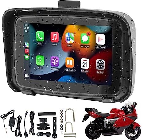 Sunweyer portátil carplay & Wireless Android Motos, 5 Pulgadas ipx7 Pantalla táctil Impermeable, navegación GPS automática, 5G Doble Bluetooth, Soporte Siri/Google Assistant