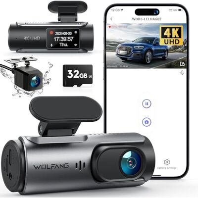 WOLFANG Cámara de Coche Delantera y Trasera 4K UHD, Arjeta 32GB SD Incluida Dashcam de Doble Lente para Coches de 170º Gran Angular Monitor de Aparcamiento 24H con Grabación en Bucle y Sensor G WOLFANG Cámara de Coche Delantera y Trasera 4K UHD, Arjeta 32GB SD Incluida Dashcam de Doble Lente para Coches de 170º Gran Angular Monitor de Aparcamiento 24H con Grabación en Bucle y Sensor G
