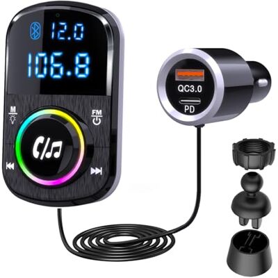 GizmoVine Bluetooth Coche, Transmisor FM, Soporte Manos Libres/QC3.0 y PD Cargador Rápido/Luz Ambiental/Base Autoadhesiva y Clip con Cable 1.1 Reproductor de Música con Tarjeta BT/TF GizmoVine Bluetooth Coche, Transmisor FM, Soporte Manos Libres/QC3.0 y PD Cargador Rápido/Luz Ambiental/Base Autoadhesiva y Clip con Cable 1.1 Reproductor de Música con Tarjeta BT/TF