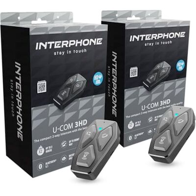 Interphone U-COM 3HD Doble, 2 interfonos Moto de Grupo para 4 usuarios hasta 500 m, intercomunicadores Casco Bluetooth 5.1 con Auriculares HD 40 mm para música, Llamadas y GPS, autonomía 10 h e Interphone U-COM 3HD Doble, 2 interfonos Moto de Grupo para 4 usuarios hasta 500 m, intercomunicadores Casco Bluetooth 5.1 con Auriculares HD 40 mm para música, Llamadas y GPS, autonomía 10 h e
