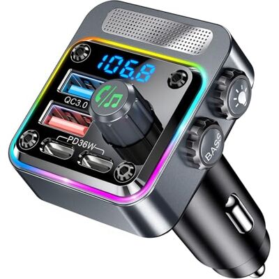 GizmoVine Transmisor FM Bluetooth Coche,Manos Libres Adaptador Bluetooth Radio Coche,Carga Rápida (USB C PD 36W QC3.0 18W),Mechero Accesorios Coche,Bass,Inalámbrico Reproductor Musica MP3 GizmoVine Transmisor FM Bluetooth Coche,Manos Libres Adaptador Bluetooth Radio Coche,Carga Rápida (USB C PD 36W QC3.0 18W),Mechero Accesorios Coche,Bass,Inalámbrico Reproductor Musica MP3