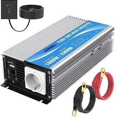GIANDEL Inversor de Corriente de Onda Sinusoidal Pura 1000w Convertidor DC 12V a AC 220V 230V con Mando a Distancia con Toma de AC & 2.4A Puerto USB para Coche de camión RV GIANDEL Inversor de Corriente de Onda Sinusoidal Pura 1000w Convertidor DC 12V a AC 220V 230V con Mando a Distancia con Toma de AC & 2.4A Puerto USB para Coche de camión RV