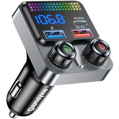 GizmoVine Transmisor FM para Coche, Adaptador Bluetooth 5.4 48W, 3 Puertos Carga (PD 30W + QC 18W), Música Inalámbrica, Grave Profundo, Manos Libres, Asistente de Voz, Pen Drive, 12V/24V GizmoVine Transmisor FM para Coche, Adaptador Bluetooth 5.4 48W, 3 Puertos Carga (PD 30W + QC 18W), Música Inalámbrica, Grave Profundo, Manos Libres, Asistente de Voz, Pen Drive, 12V/24V