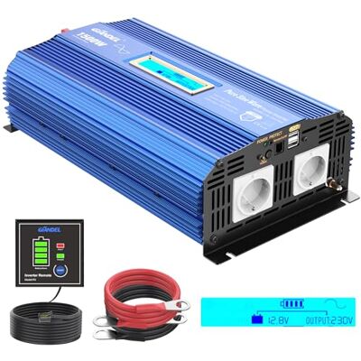 GIANDEL Inversor sinusoidal Puro 1500W 12V a 230V Power Inverter con 2 enchufes CA 2x2.4A Puertos USB Control Remoto y Pantalla LCD para autocaravanas de GIANDEL Inversor sinusoidal Puro 1500W 12V a 230V Power Inverter con 2 enchufes CA 2x2.4A Puertos USB Control Remoto y Pantalla LCD para autocaravanas de