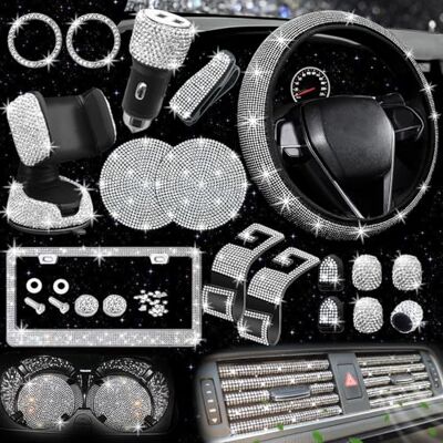 NBTEPEM Juego de 27 accesorios de coche para mujer, fundas de volante brillantes, ajuste universal de 15 pulgadas, marcos de matrícula brillantes, cargador rápido de coche, posavasos de coche brillante NBTEPEM Juego de 27 accesorios de coche para mujer, fundas de volante brillantes, ajuste universal de 15 pulgadas, marcos de matrícula brillantes, cargador rápido de coche, posavasos de coche brillante