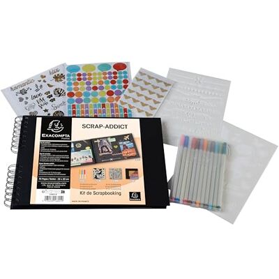 Exacompta - Kit scrapbooking SCRAP-ADDICT Álbum espiral 70 páginas negras formato 32 x 22 cm 2 plantillas 4 hojas de pegatinas 2 hojas de esquinas autoadhesivas 12 rotuladores Exacompta - Kit scrapbooking SCRAP-ADDICT Álbum espiral 70 páginas negras formato 32 x 22 cm 2 plantillas 4 hojas de pegatinas 2 hojas de esquinas autoadhesivas 12 rotuladores