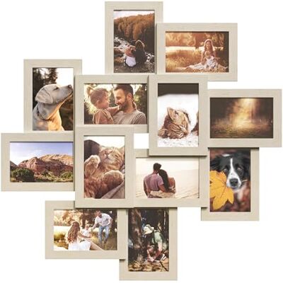 SONGMICS Marco de fotos, para 12 fotos, 10 x 15 cm Marco para imagen, para ensamblar, marco de MDF, Vidrio transparente, Beige Natural, Colección KAVI RPF022N01 SONGMICS Marco de fotos, para 12 fotos, 10 x 15 cm Marco para imagen, para ensamblar, marco de MDF, Vidrio transparente, Beige Natural, Colección KAVI RPF022N01