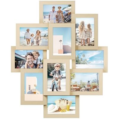 SONGMICS Marco de fotos, para 10 fotos, 10 x 15 cm Marco para imagen, para ensamblar, protección de plástico PS, Vidrio transparente, Beige Natural, Colección KAVI RPF020N01 SONGMICS Marco de fotos, para 10 fotos, 10 x 15 cm Marco para imagen, para ensamblar, protección de plástico PS, Vidrio transparente, Beige Natural, Colección KAVI RPF020N01