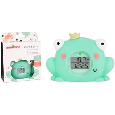 Miniland Termómetro de baño para bebe con Divertido Diseño de Rana, Termómetro Bañera bebe, Pantalla con función reloj y temporizador, Flotante y resistente al agua Frog Miniland Termómetro de baño para bebe con Divertido Diseño de Rana, Termómetro Bañera bebe, Pantalla con función reloj y temporizador, Flotante y resistente al agua Frog