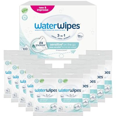 WaterWipes Sensitive+ On The Go Wipes, 10 Paquetes 100 toallitas 3 en 1 que limpian, protegen y cuidan la piel; hipoalergénicas, sin perfume ni alcohol WaterWipes Sensitive+ On The Go Wipes, 10 Paquetes 100 toallitas 3 en 1 que limpian, protegen y cuidan la piel; hipoalergénicas, sin perfume ni alcohol